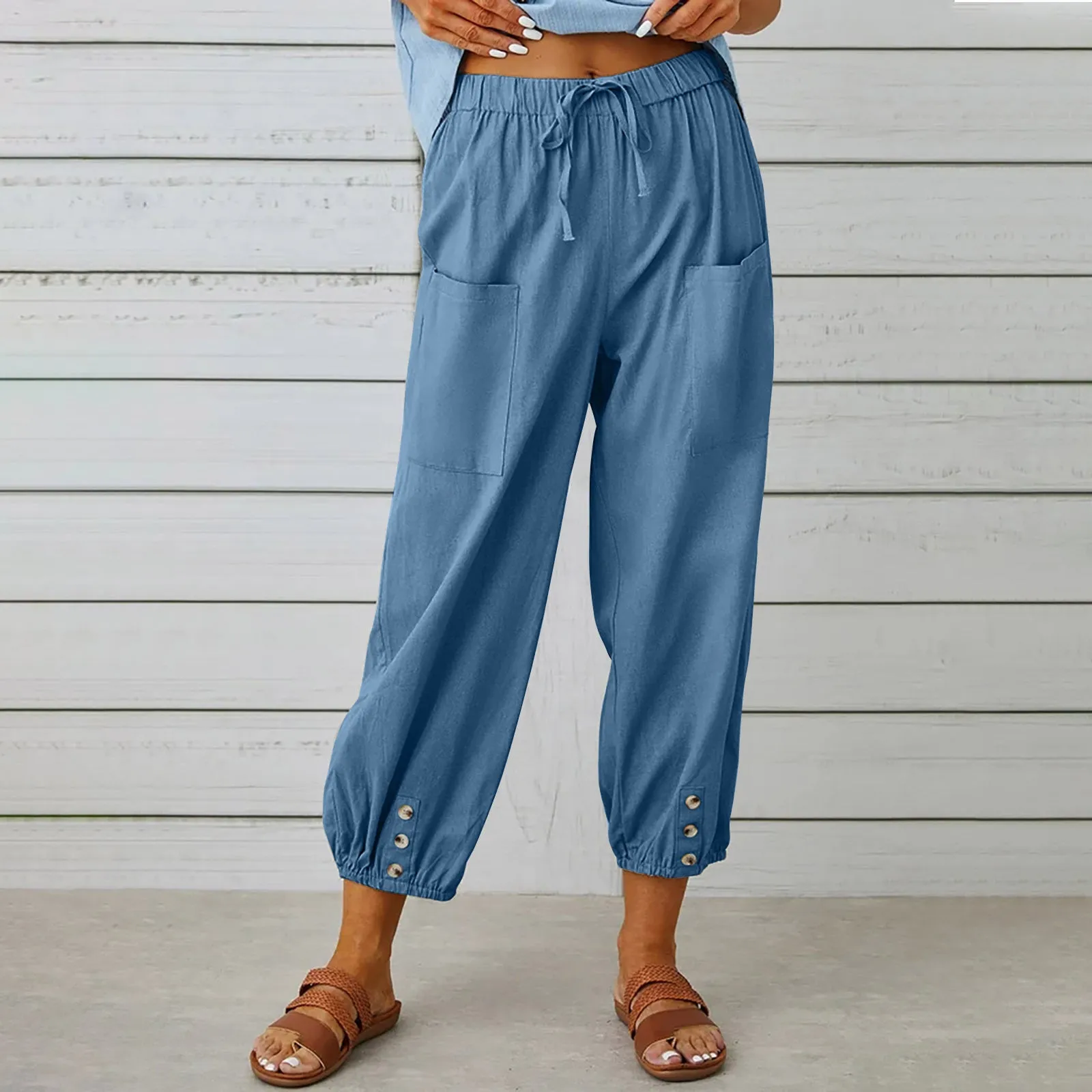 Women Drawstring Tie Pants Spring Summer Cotton And Linen Trousers With Pockets Button