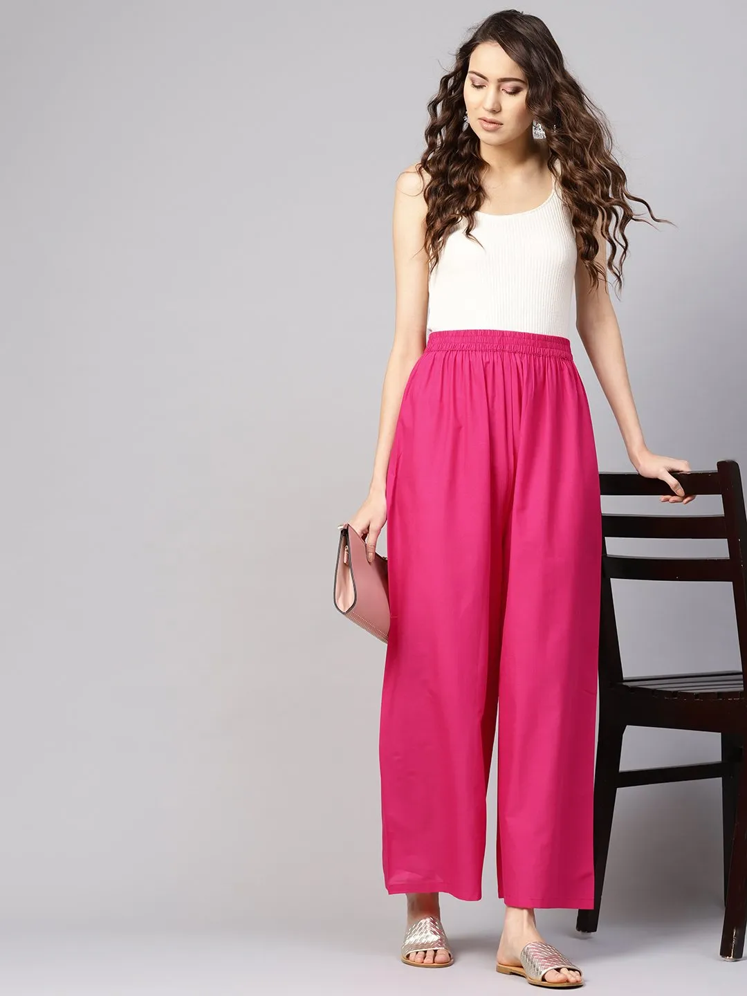 Women Fuchsia Pink Solid Wide Leg Palazzos