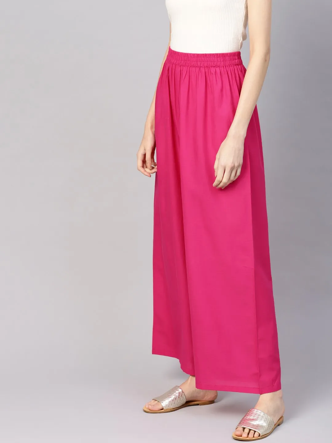 Women Fuchsia Pink Solid Wide Leg Palazzos