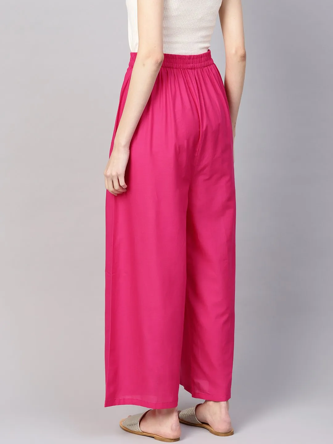 Women Fuchsia Pink Solid Wide Leg Palazzos