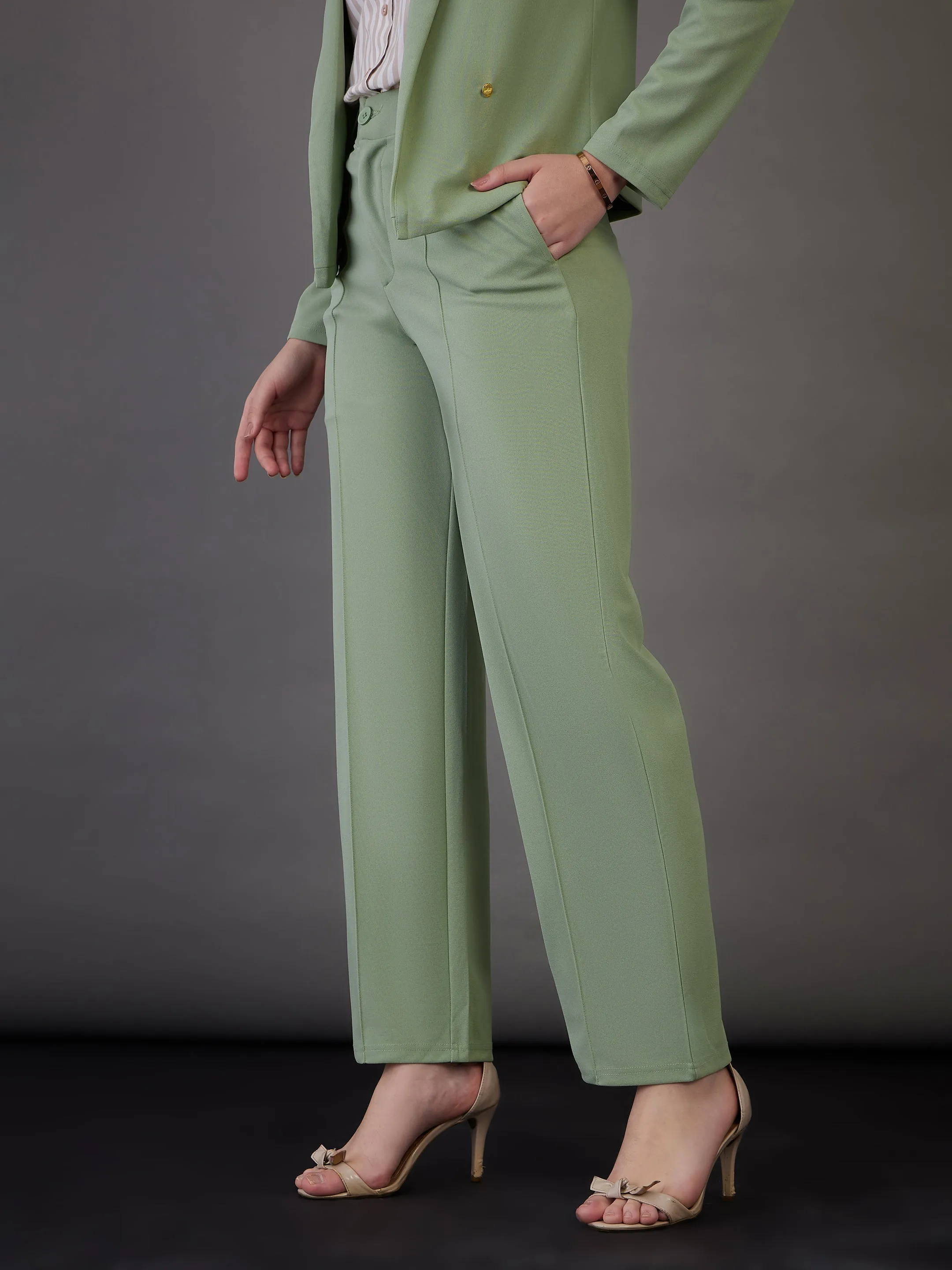 Women Green Front Darted Pants