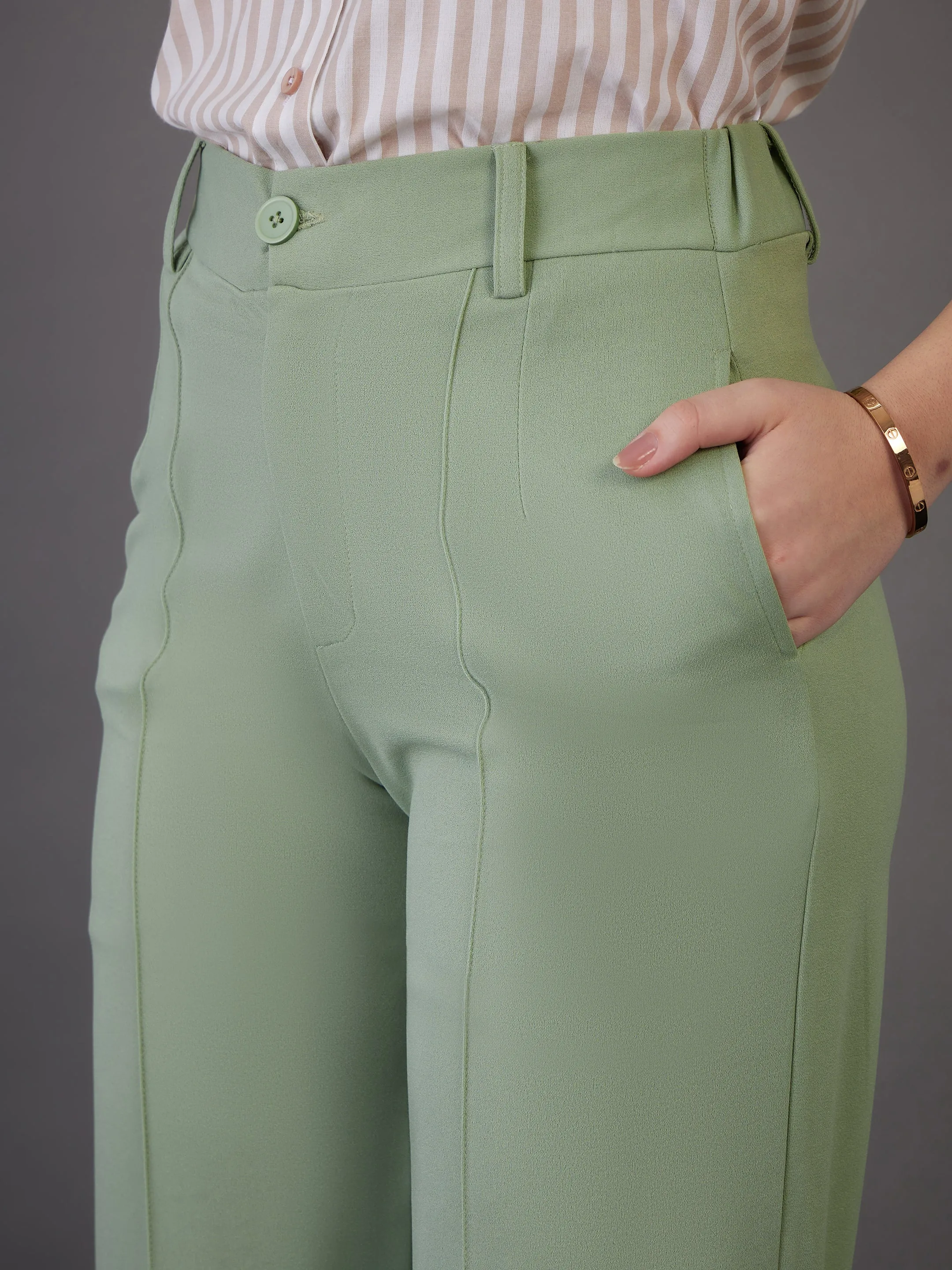 Women Green Front Darted Pants