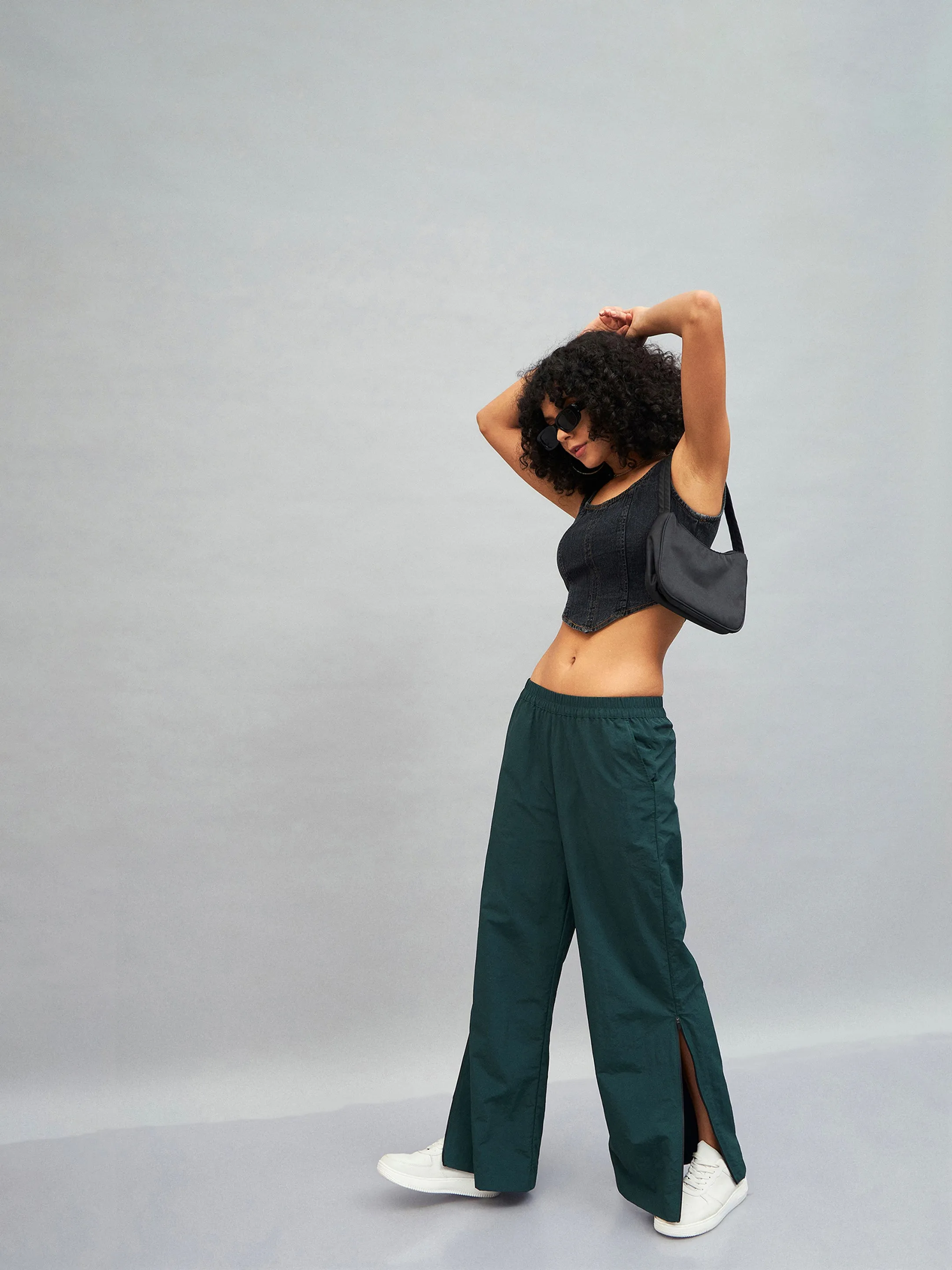 Women Green Out Seam Zipper Parachute Pants