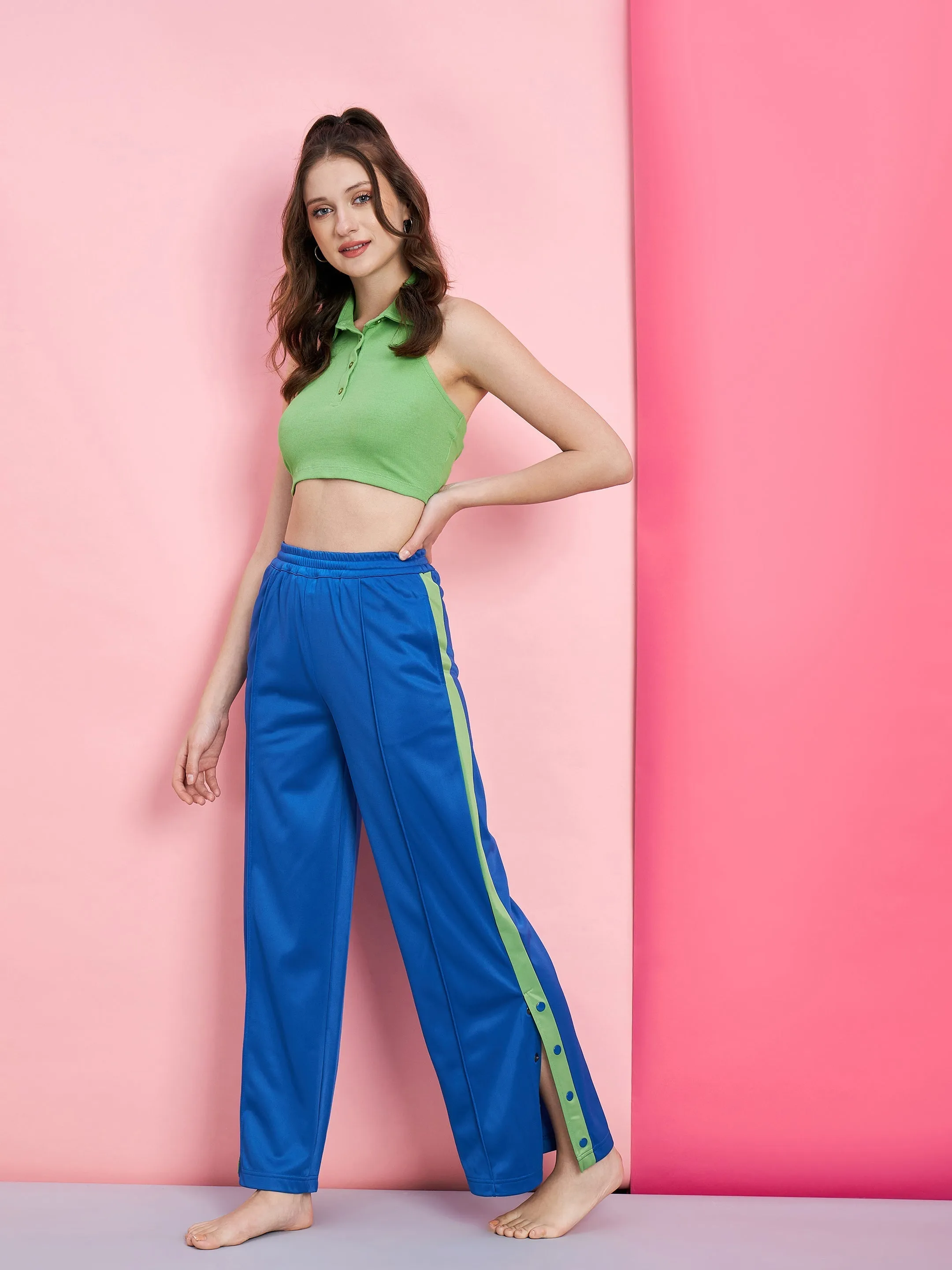 Women Green Polo Rib Crop T-Shirt With Blue Side Button Track Pants