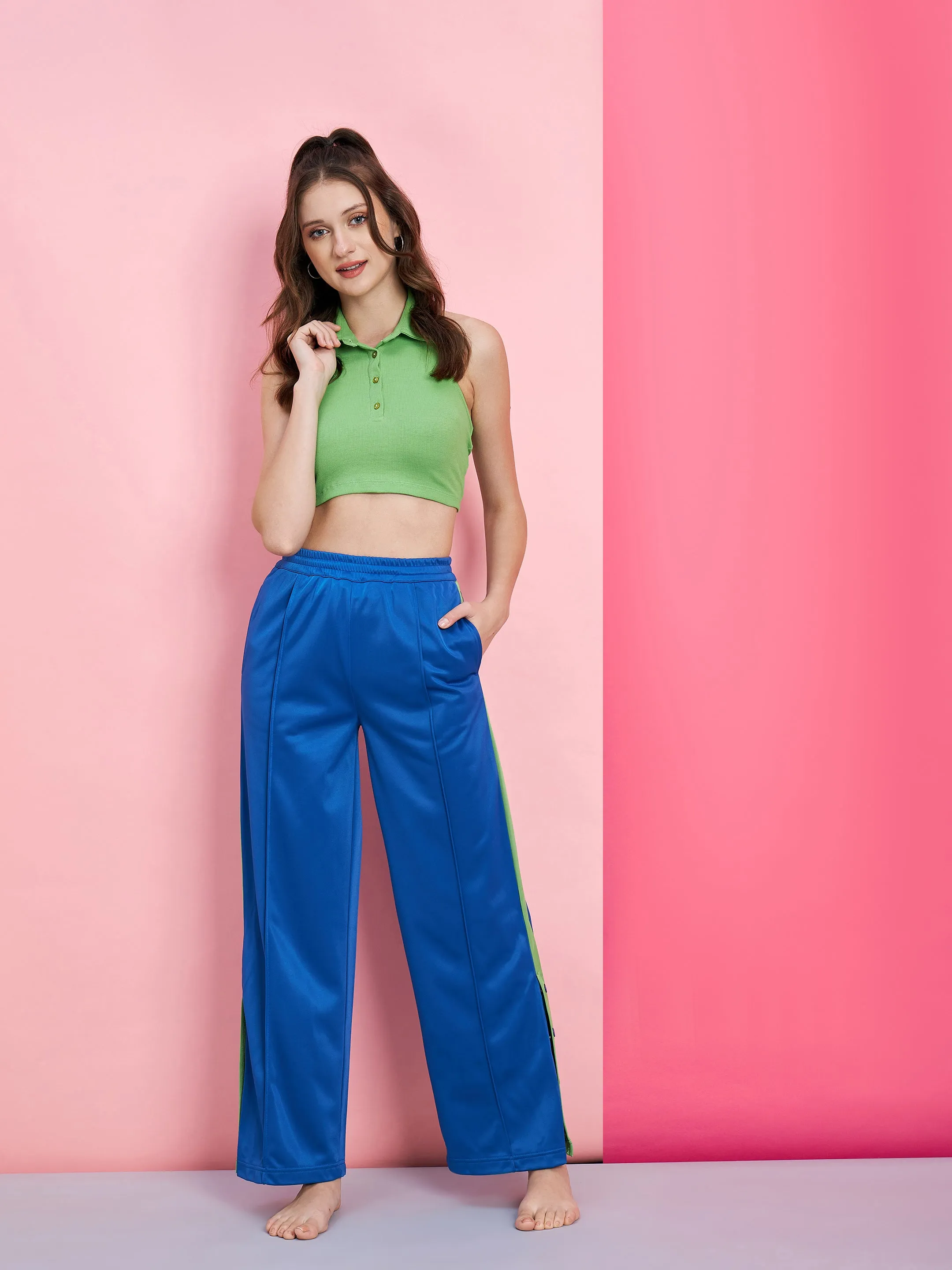 Women Green Polo Rib Crop T-Shirt With Blue Side Button Track Pants