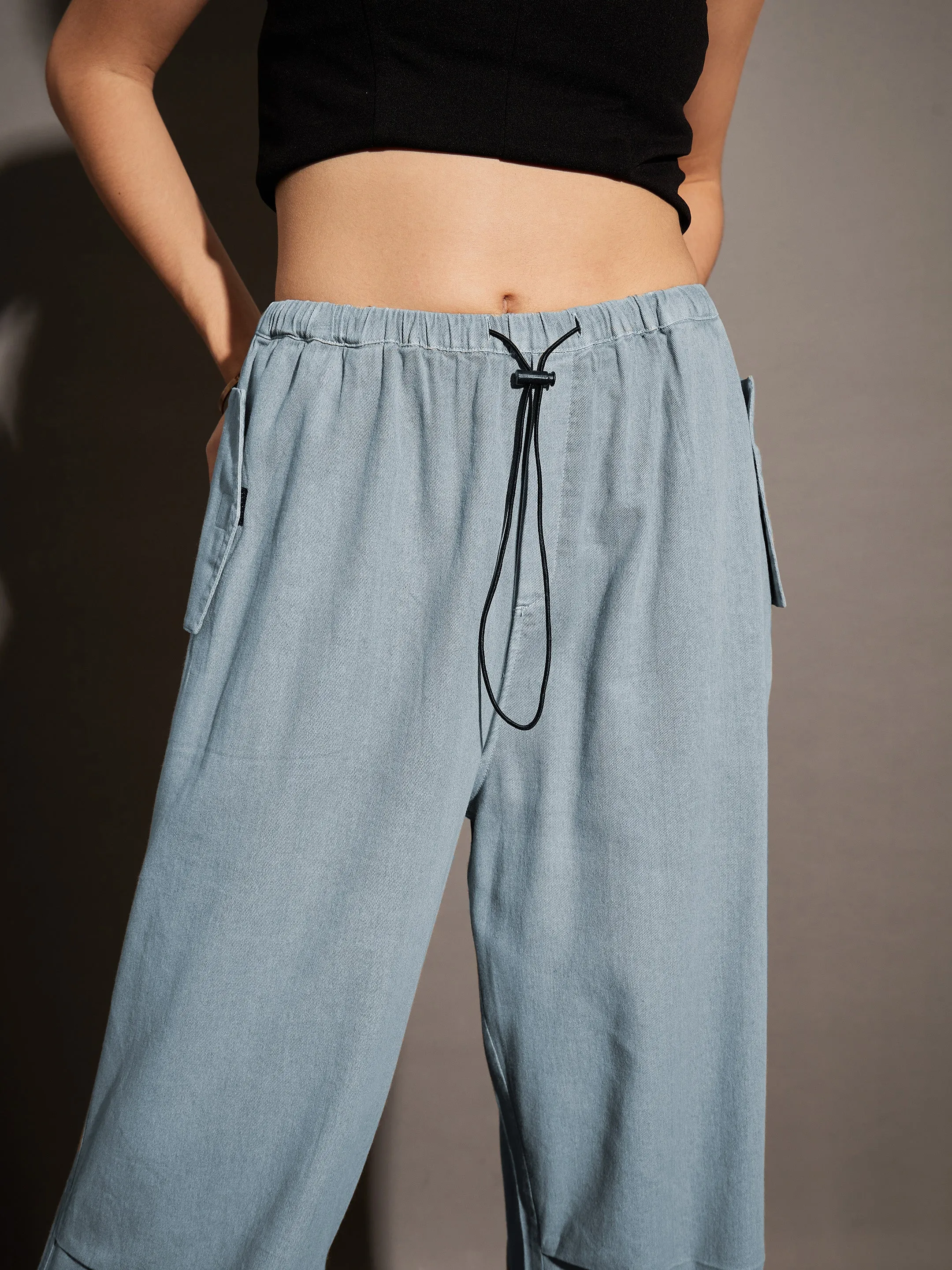 Women Light Blue Twill Pleated Knee Cargo Pants