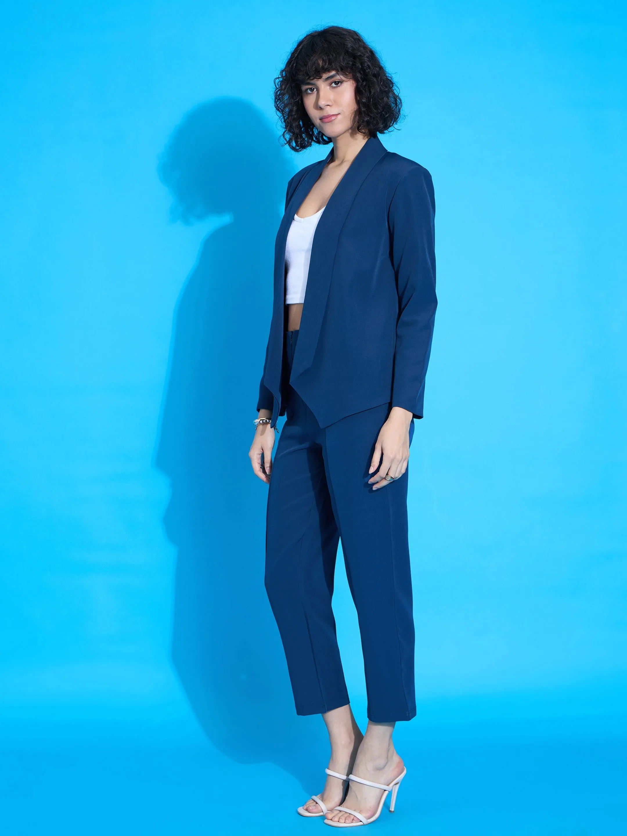 Women Royal Blue Shawl Collar Blazer With Balloon Fit Pants