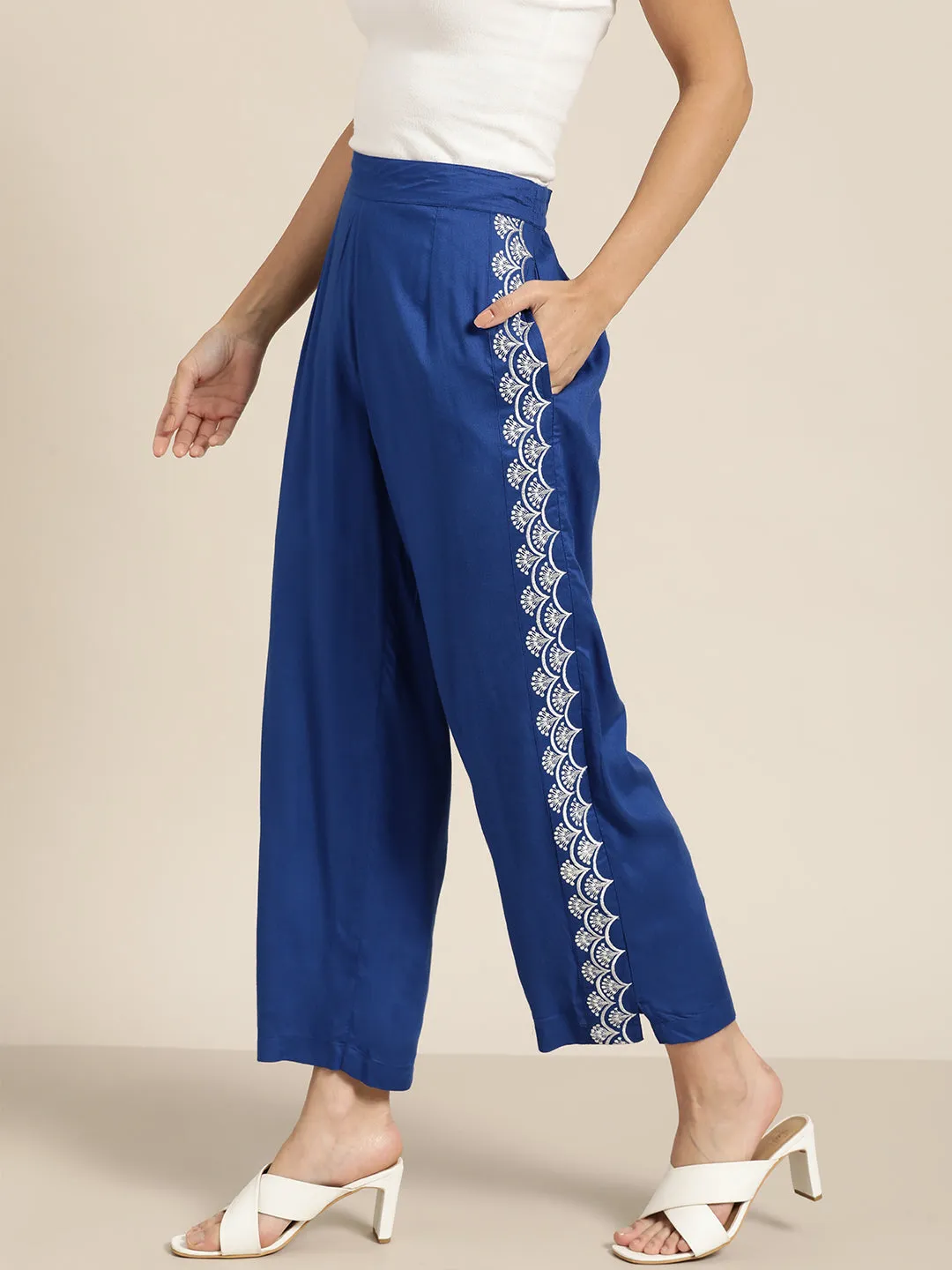 Women Royal Blue Side Embroidered Liva Pants