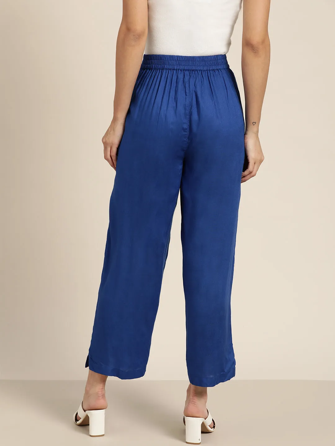 Women Royal Blue Side Embroidered Liva Pants