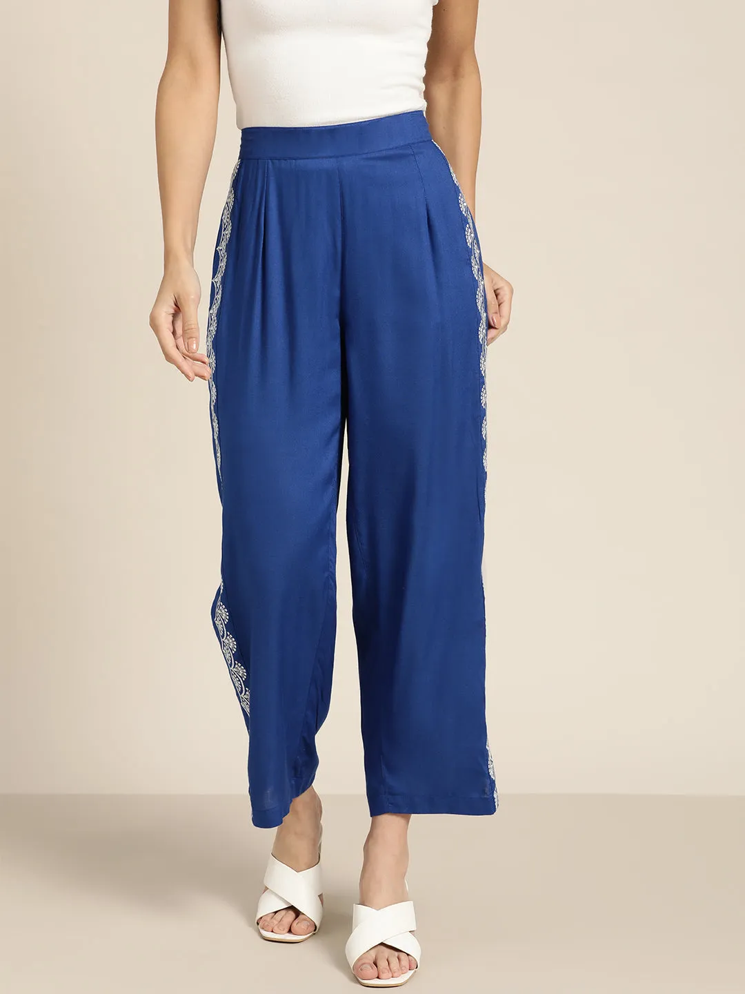 Women Royal Blue Side Embroidered Liva Pants