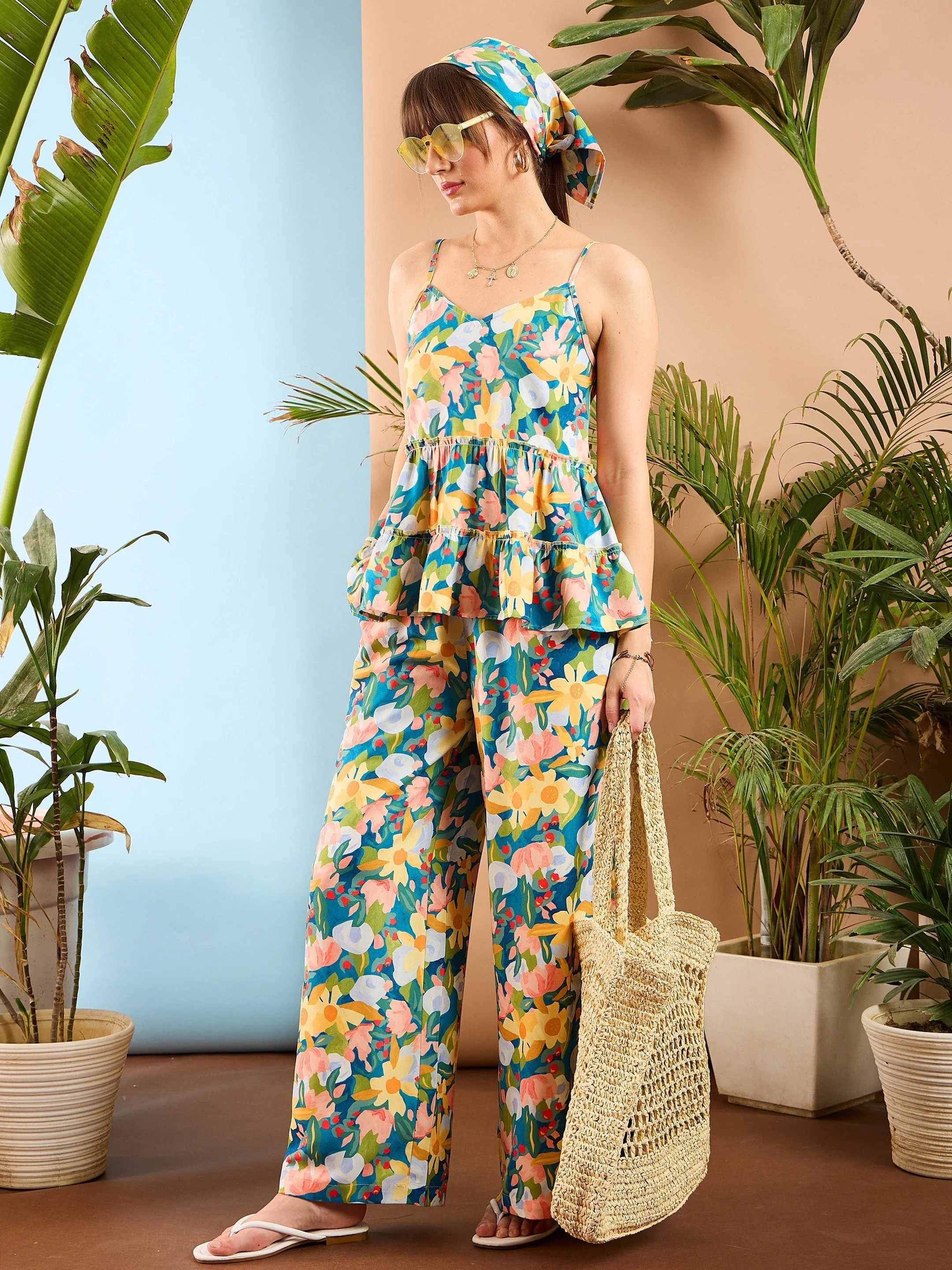 Women Sea Green Floral Strappy Top With Palazzo Pants