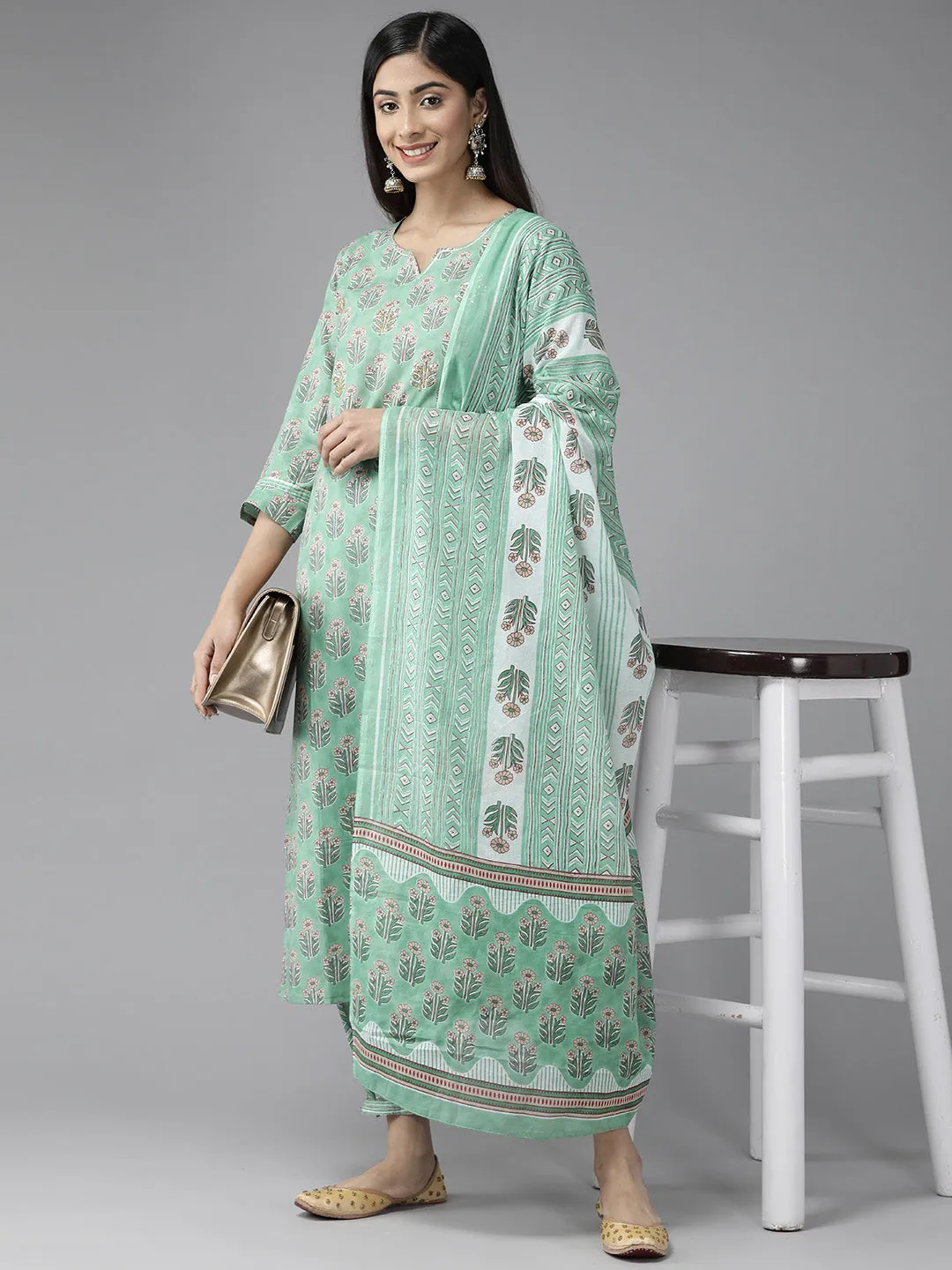 Women Sea Green Pure Cotton Kurta Set With Dupatta