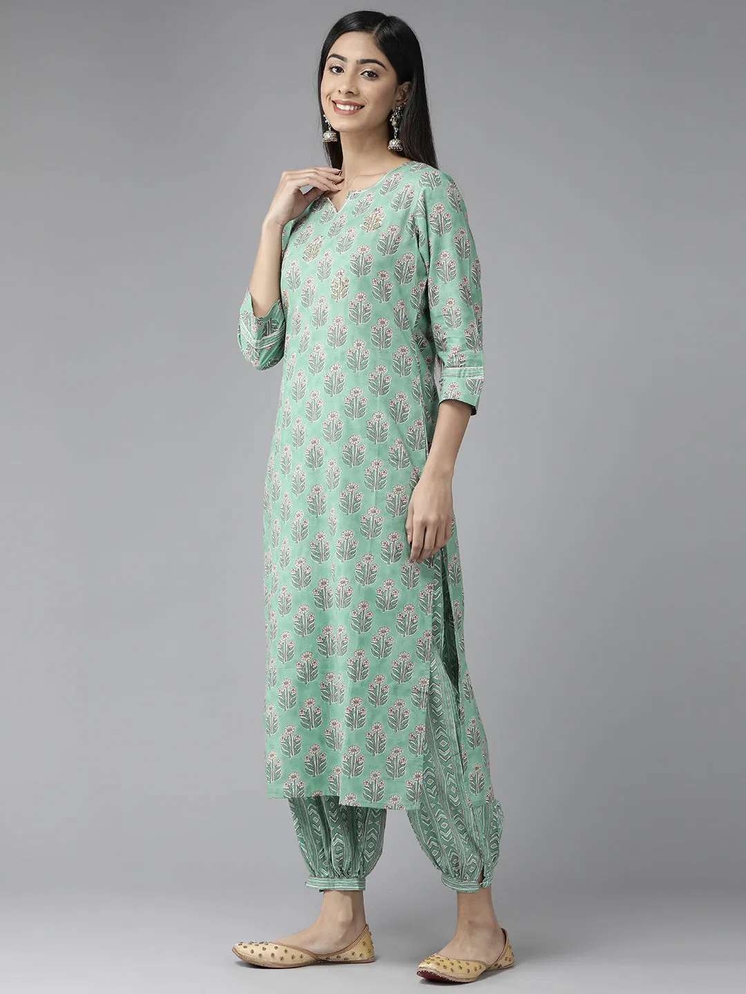 Women Sea Green Pure Cotton Kurta Set With Dupatta