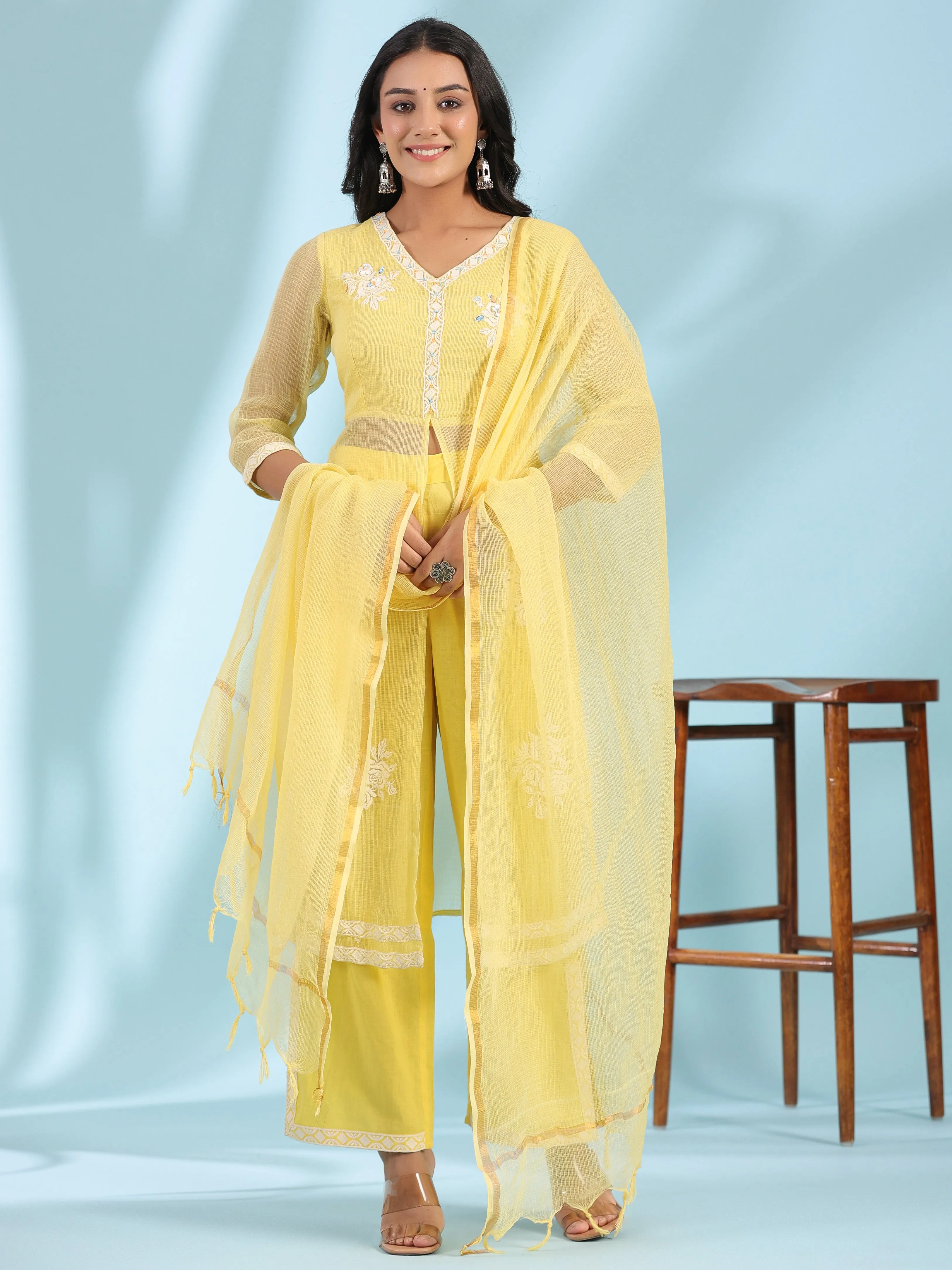 Women Yellow Cambric  Kurta Set With Dupatta