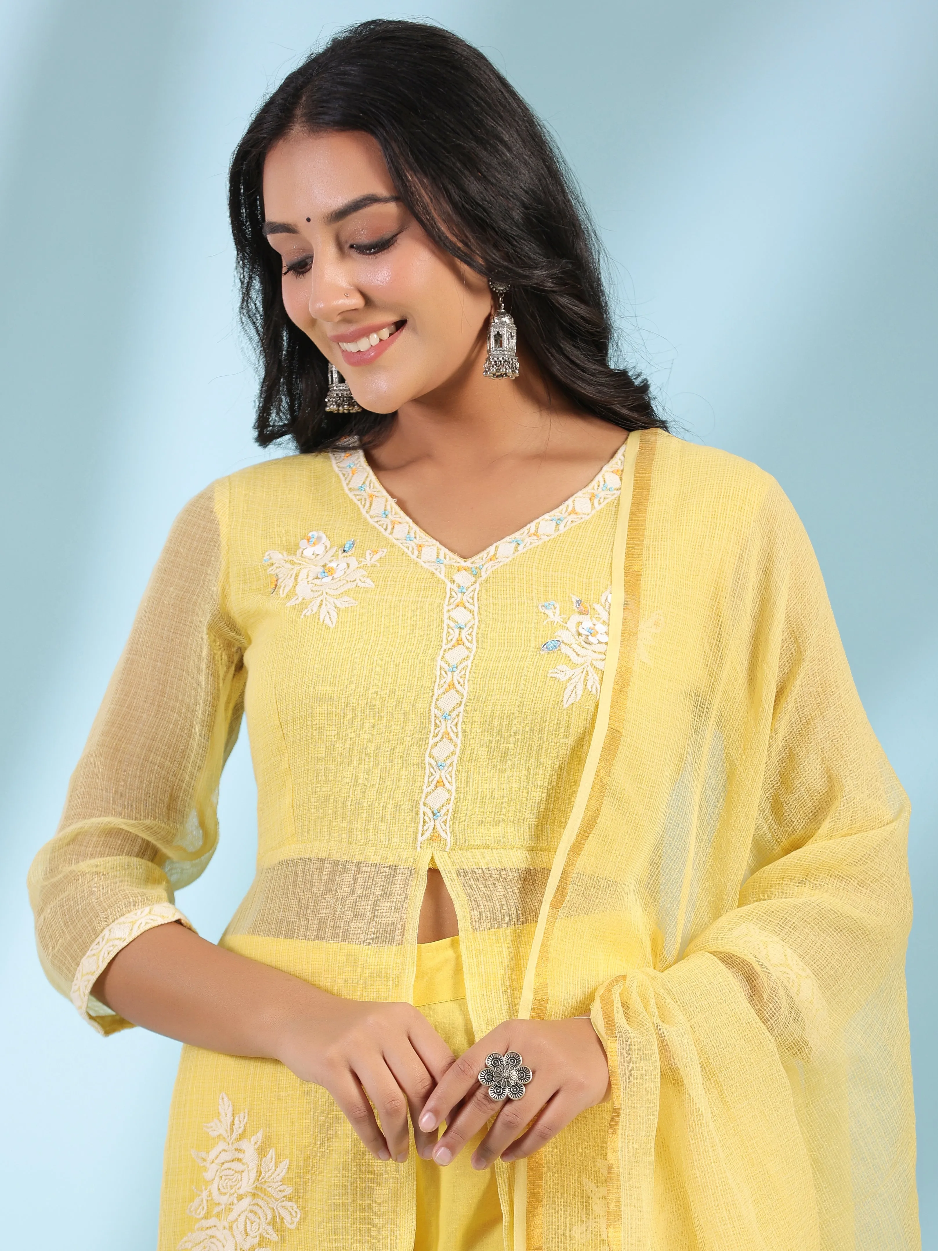 Women Yellow Cambric  Kurta Set With Dupatta