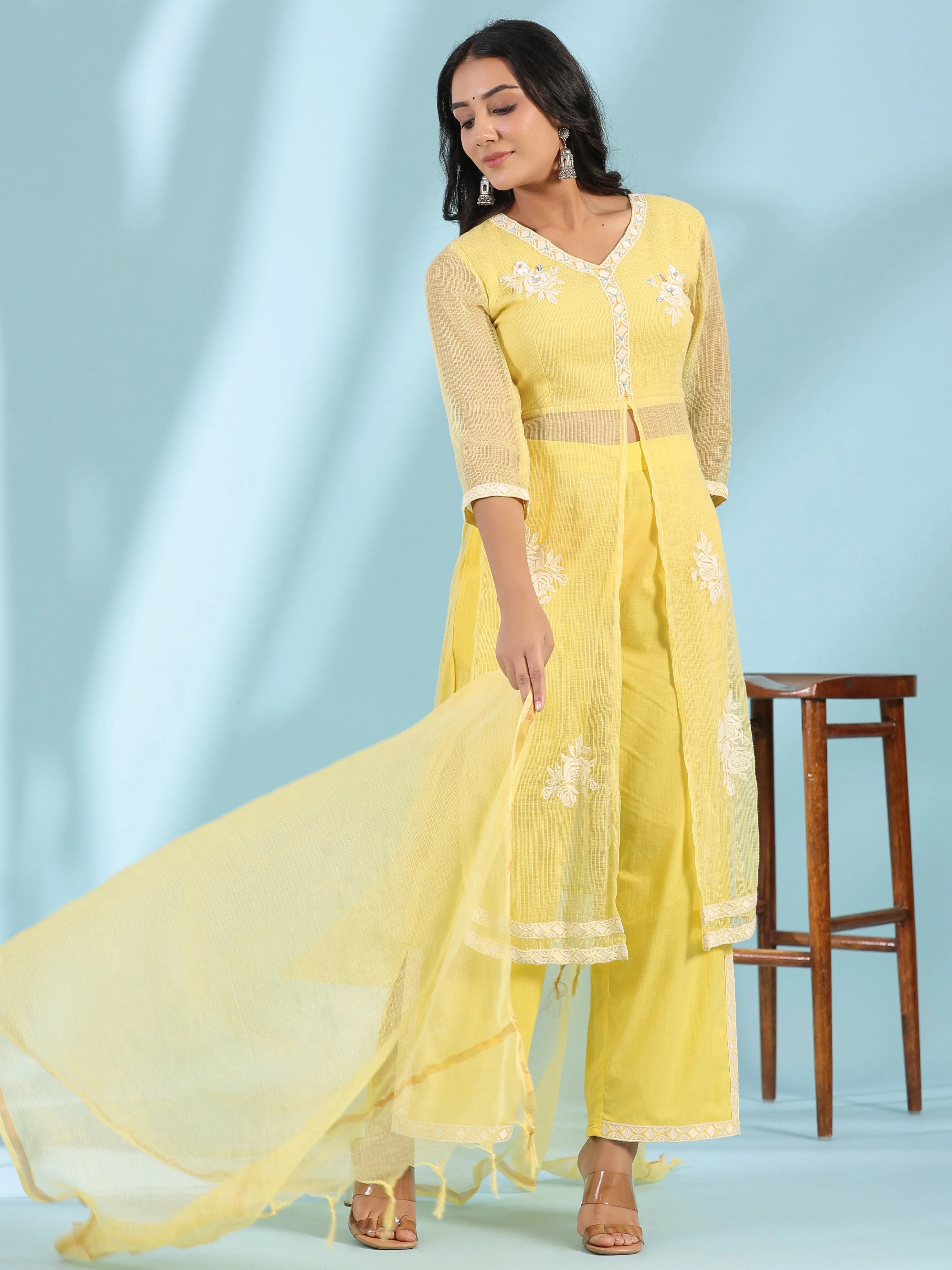 Women Yellow Cambric  Kurta Set With Dupatta