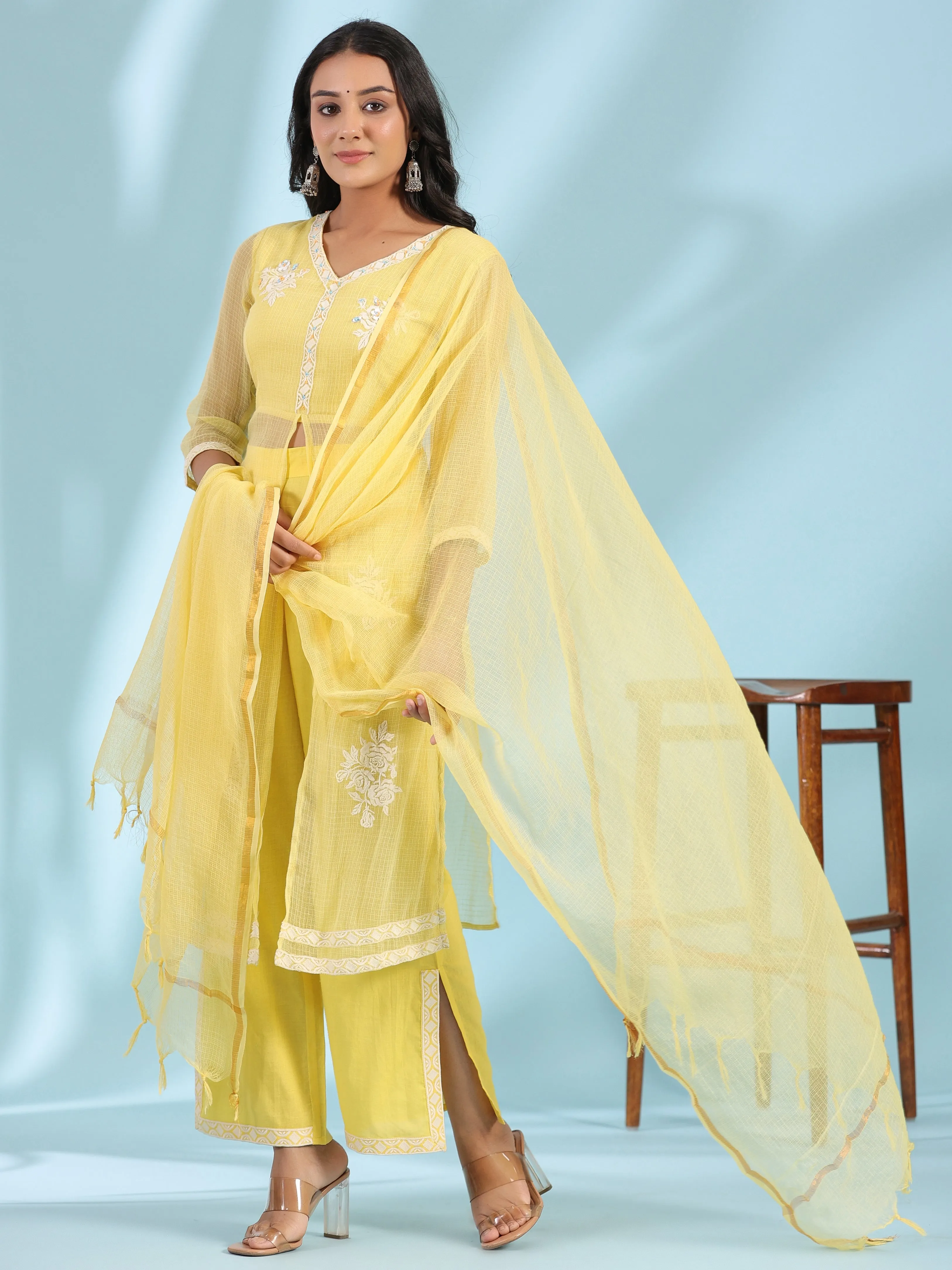 Women Yellow Cambric  Kurta Set With Dupatta