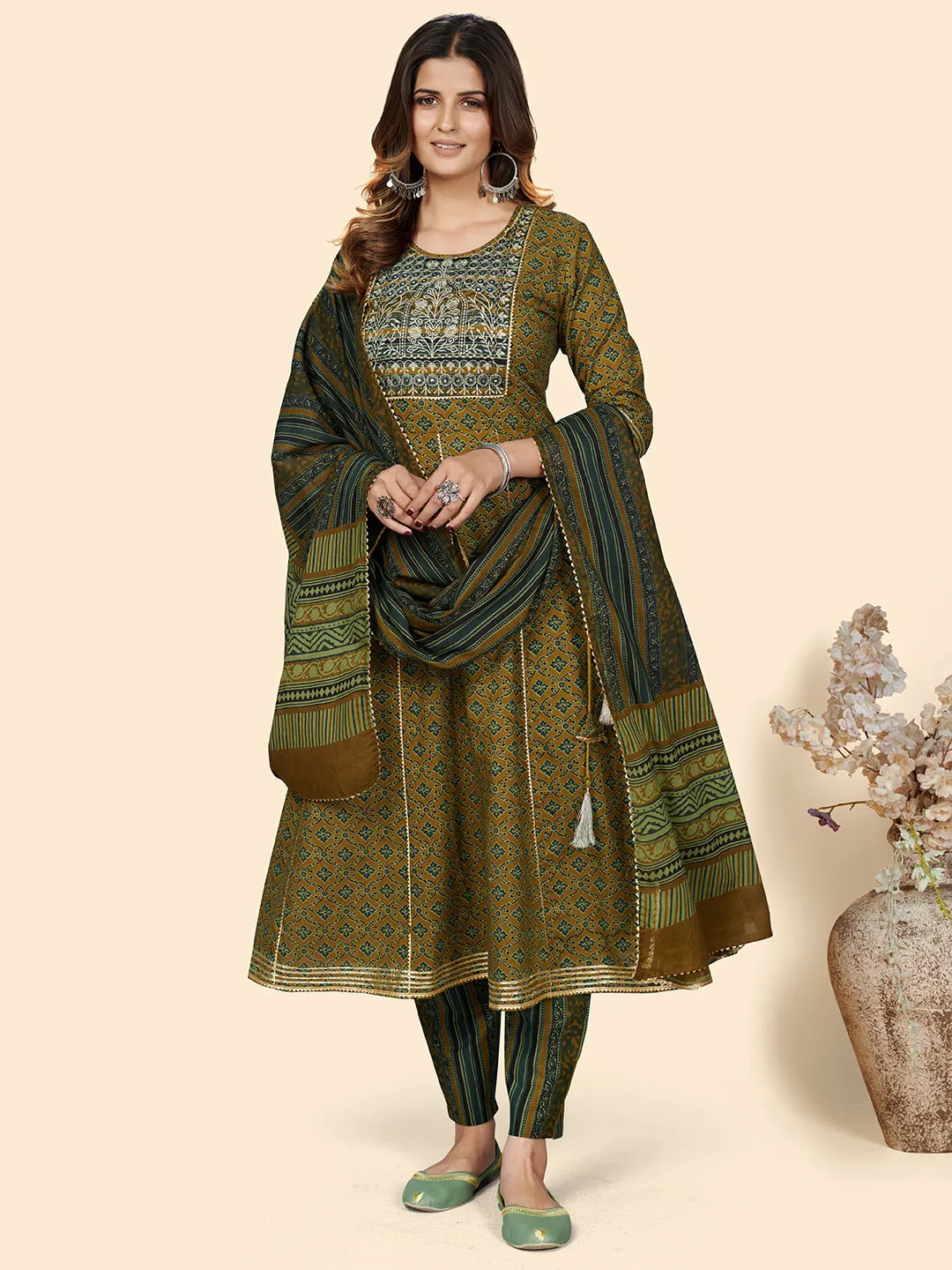 Women'S Mehndi Green Embroidered Anarkali Kurta & Pant With Dupatta- (3Pcs Set)