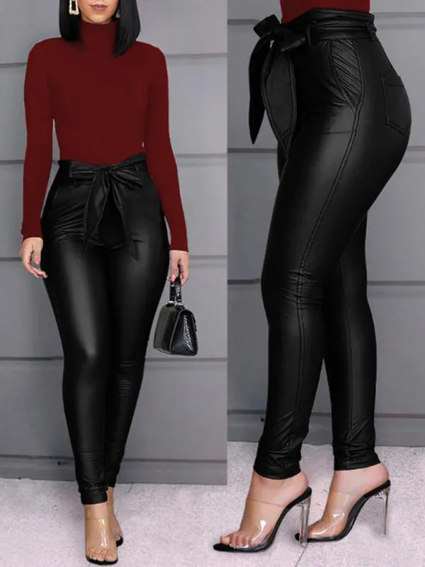 Women’s Slim Fit Tie Belt Faux Leather Pants