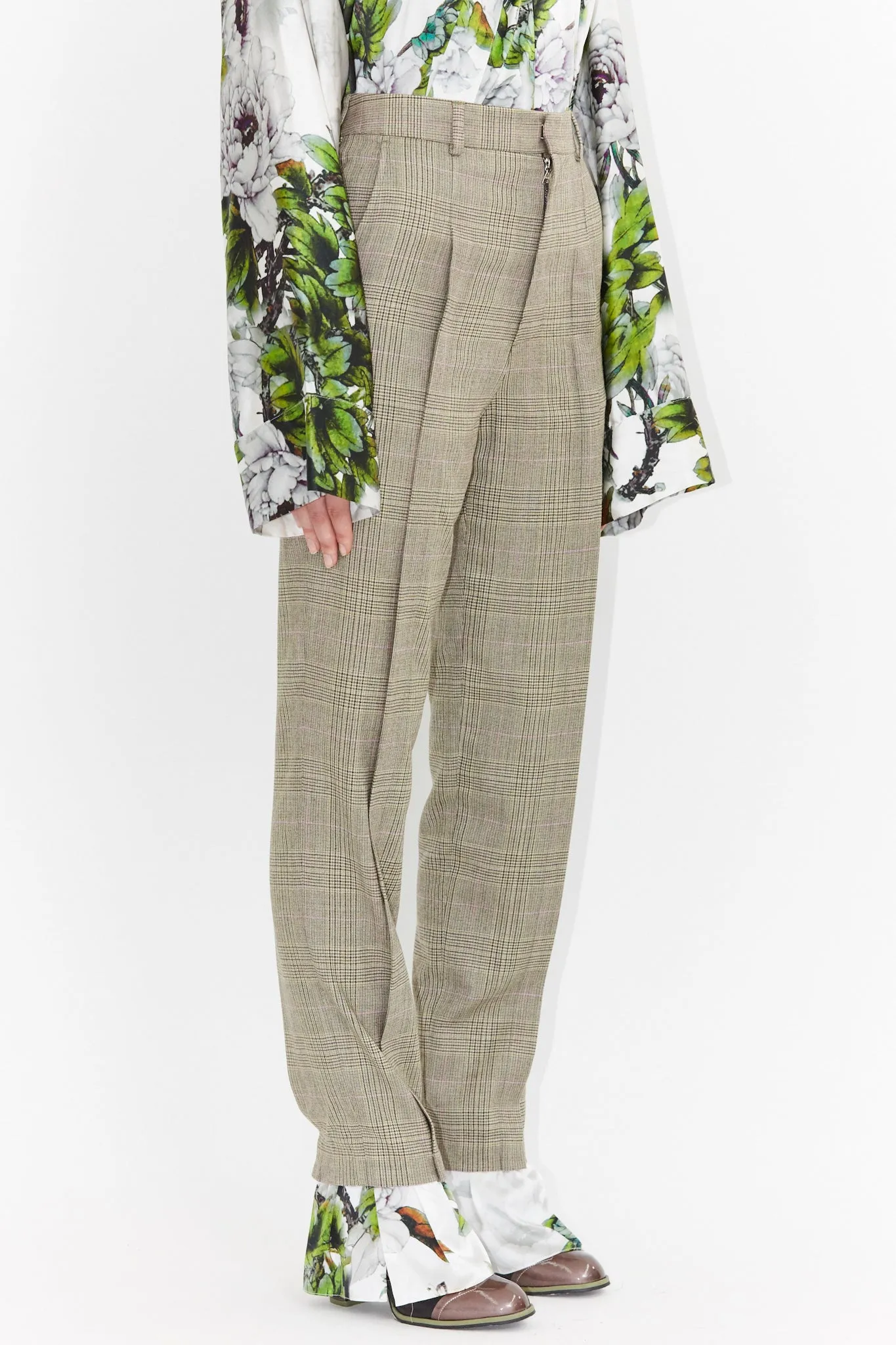 Wool and Print Silk Hem Long Pants